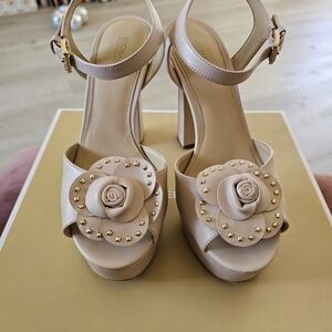 Michael Kors Nude Blush Floral Platform Heels with Gold Studs